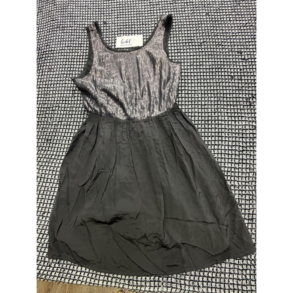 Lush Sequin Bodice Dress Womens Small Black Silver Fit Flare V-Back